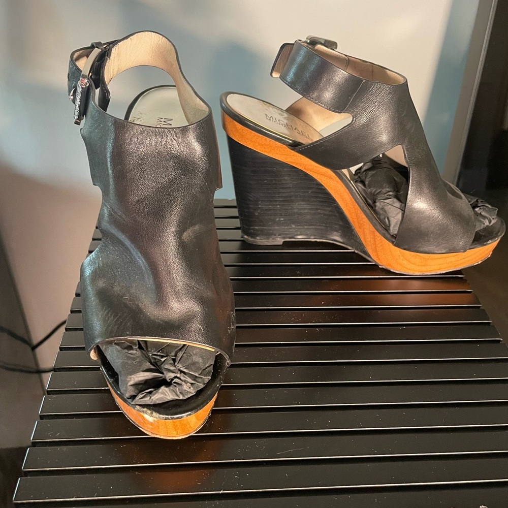 Black Michael Kors Josephine Leather Platform Wedges Size 9